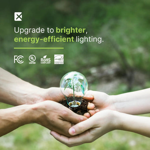 Hands holding a glass dome with a small plant beside certifications for Eight Pack T2 Spiral CFL Light Bulbs With E26 Base 13W (60W Equivalent) 900 Lumens 5000K Daylight Instant On Flicker Free 120V UL Listed For Desk Lamps Wall Sconces And Table Lamps