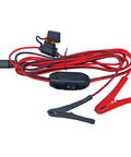 Red and black power cable with clamps for ATV Sprayer With 25 Gallon Tank, 2.4 GPM Flow, 60 PSI, Folding 7 Nozzle Boom, UV-Resistant Tank