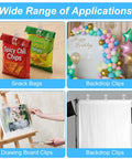 30 Pack Balloon Arch Clamps For Backdrops, holding balloons, chip bags, drawing board, and white backdrop in various scenes