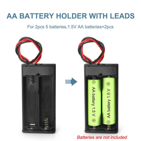 3 Pack Slick Dual AA Battery Case With Built In Toggle Switch And Hookup Wire Leads For Plug And Play Power Setup shown with two AA batteries.
