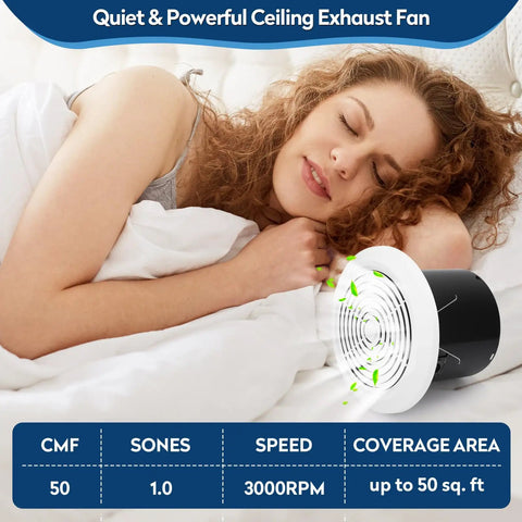Woman relaxing near 50 CFM Low Noise Bathroom Exhaust Fan With 1.0 Sones 7 Inch Ceiling Vent For Bathroom Kitchen Garage Mobile Home And Home Ventilation Quiet Durable Venting For Bathrooms Laundry Rooms Studios And Small Homes Easy Install, showcasing quiet performance and compact design.