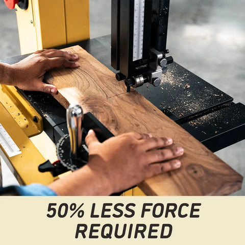 Cutting wood using ArmorGlide 18-Inch Woodworking Bandsaw With 5 HP 230V 1Ph Power, PM1800BT Model, low-friction surface visible