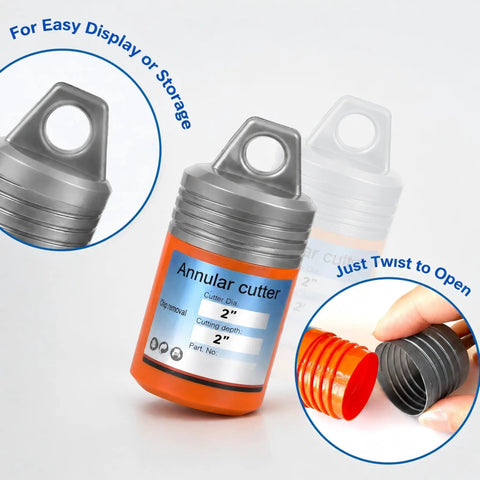 Premium HSS Annular Cutter 2-1/4 Inch Cut Diameter 3/4 Inch Weldon Shank Fits Magnetic Drill Press in storage container with twist cap.