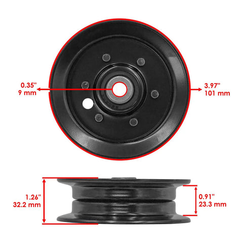 High-Performance Replacement Flat Idler Pulley For White Outdoor Mowers Like FST-14 145 10-13 LT-11 1500 Mod-C8L-33890 top and side view with measurements.