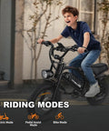 Mountain Electric Bike For Adults With 16 Inch Fat Tire ridden by a young rider outdoors showcasing 3 riding modes