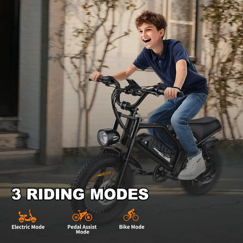 Teen boy riding Go To All Terrain Fat Tire Electric Bike for Teens And Adults with 16 inch wheel and 500W peak motor.