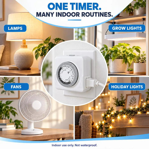 Sturdy Build 24 Hour Mechanical Outlet Timer With Dual Grounded Plugs Making Daily Scheduling Dead Simple And Keeping Indoor Lights And Fans Running Smoothly All Week. Timer plugged in, controlling lamps, fans, and holiday lights.