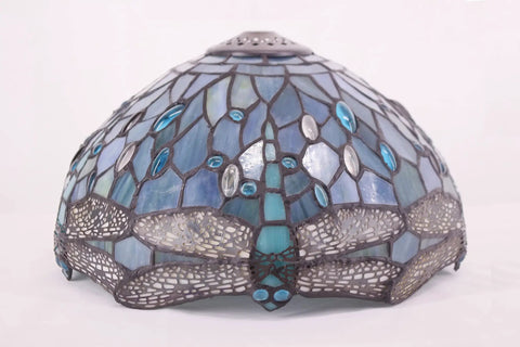 Sea Blue Stained Glass Dragonfly Tiffany Style Lampshade Replacement, 12 Inch Diameter X 6 Inch Height with cap visible