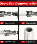 Two Piece Pipe Threading Tool Kit For Water Pipes With Half Inch And Three Quarter Inch Internal And External Threaders Alloy Steel Construction Drill Compatible Grab And Go DIY Plumbing Solution For Home And Pro Projects demonstration of threading process