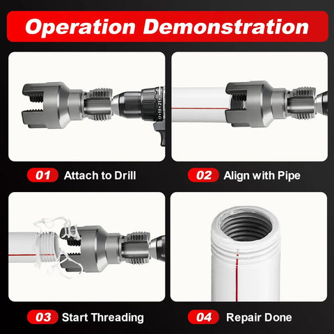 Two Piece Pipe Threading Tool Kit For Water Pipes With Half Inch And Three Quarter Inch Internal And External Threaders Alloy Steel Construction Drill Compatible Grab And Go DIY Plumbing Solution For Home And Pro Projects demonstration of threading process