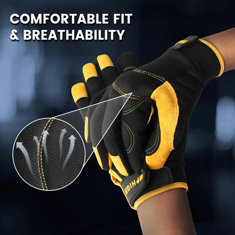 All Purpose Mens Utility Work Gloves With Synthetic Leather Palm For Tough Jobs, showing breathable spandex back and touchscreen tips