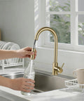 Sink Faucet,360°Pull-Out Spray,Brushed Steel Hot and Cold Rotation (Gold) in kitchen filling bottle with water.