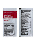 Front and back views of First Aid Only burn cream sachet, 0.9 g; back lists drug facts.