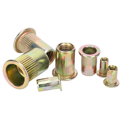 Rivet Nut Kit Zinc Plated M3 Through M12 Rivnuts Set shown in various sizes for hardware assembly on metal panels.