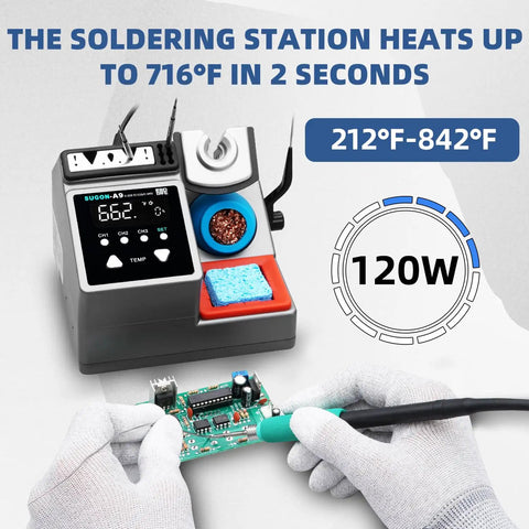 Pro Grade 120W Soldering Station with 2 Second Heat Up to 716F, LCD display, precise temperature control in use.