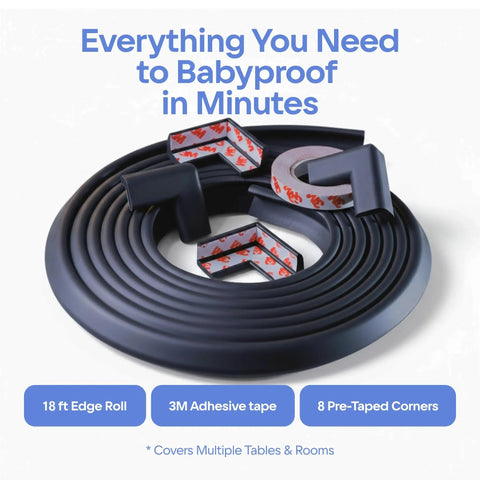 Baby Proof Corner Guards For Tables And Edges With 18 Ft Bumper And 8 Cushy Foam Protectors Thick Odorless Edge Safety Bumpers With Strong Adhesive For Baby And Child Black including 18 ft roll and 8 corner guards.