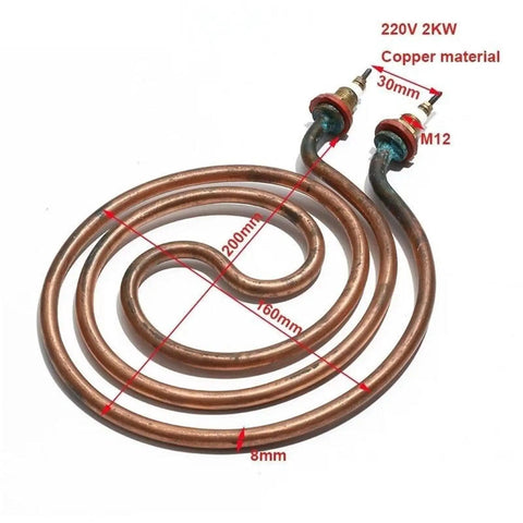 Heavy Duty Copper Circular Water Tank Heating Element 220V 2000W Liquid Boiler Replacement Tube with detailed measurements.