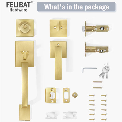Package contents of Brass Satin Front Door Lock Set With Single Cylinder Deadbolt And Door Lever, Reversible Square Handle