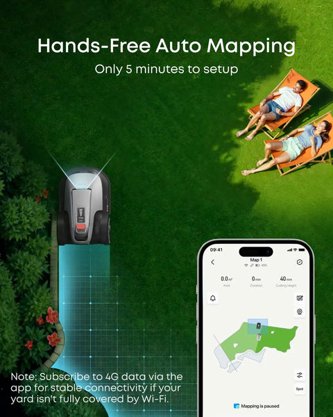 Robot Lawn Mower With Auto Mapping And Vision Navigation No Boundary Wire Setup showing app control and lawn mapping