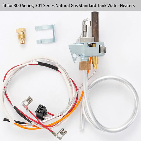 Water heater pilot assembly with natural gas thermopile and metal gas valve; compatible with 300/301 series.