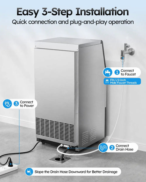 Heavy Duty Commercial Ice Maker Cranks Out 100 Lbs Crystal Clear Ice Daily With No Sweat Installation and Party Ready Cooling for Bars Restaurants or Backyard Hangouts showing installation steps.