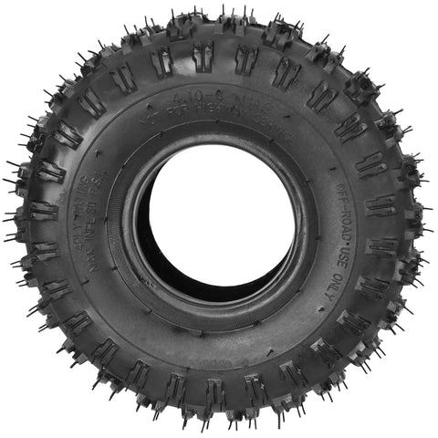 Close-up of a single 4.10-4 tire and inner tube replacement set for utility carts and small tractors, showing tread and sidewall details.