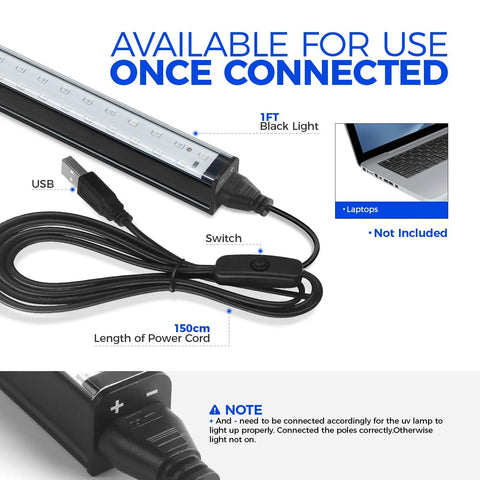 Blacklight Strip Lights 10W 1ft USB Black Light Bar with 150cm cord and switch, laptop interface shown