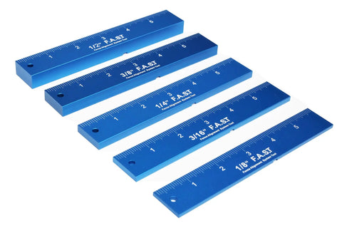 Fence Alignment Tool With Magnetic Stackable Bars For Quick Table Saw Fence Setup And Precise Blade To Fence Spacing Router Bit Height Ruler And Tooth Notch For Woodworking, showing five blue stackable bars with measurements