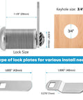 Cabinet Cam Lock Set 5 Pack Keyed Alike 1-1/8 Inch Cam Locks For File Drawers Dressers Mailboxes And RVs Replacement Lock Hardware Chrome Finish Zinc Alloy showing lock dimensions and keyhole size with two lock plates for installation need.