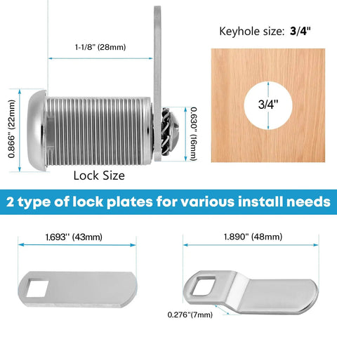 Cabinet Cam Lock Set 5 Pack Keyed Alike 1-1/8 Inch Cam Locks For File Drawers Dressers Mailboxes And RVs Replacement Lock Hardware Chrome Finish Zinc Alloy showing lock dimensions and keyhole size with two lock plates for installation need.