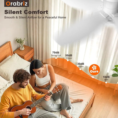 Couple relaxing with a 35 Inch Flush Mount Ceiling Fan With Led Light And Remote Control Clean White Low Profile Frame in a cozy bedroom.
