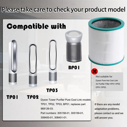 Replacement Filter For Dyson TP02 TP03 And Tower Purifier 968126-03 True HEPA Upgrade shown with compatible models