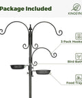 Ultimate Outdoor Bird Feeding Station Kit With 85 Inch Pole And 5 Prong Base, showing hooks, bird bath, and food tray included