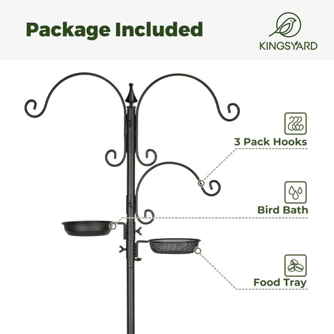 Ultimate Outdoor Bird Feeding Station Kit With 85 Inch Pole And 5 Prong Base, showing hooks, bird bath, and food tray included