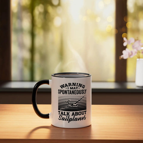 Soaring Sailplane Pilot Ceramic Mug For Glider Buffs And Aviation Fans Black White Design on table in sunlight