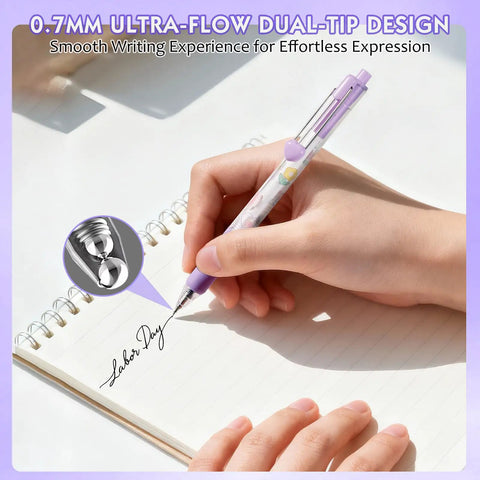 DIY Gel Pens With Cute Stickers Six Pack 0.7mm Black Ink Smooth Writing pen in hand writing 'Labor Day' on notebook