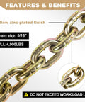 Close-up view of Built Tough Transport Chain Five Sixteenth Inch By Ten Feet with zinc-plated finish and 4900 lb working load limit.