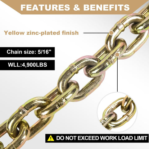 Close-up view of Built Tough Transport Chain Five Sixteenth Inch By Ten Feet with zinc-plated finish and 4900 lb working load limit.