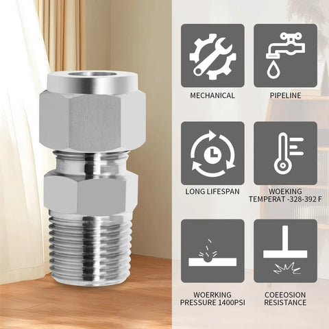 304 Stainless Steel Compression Tube Fitting One Quarter Inch Outer Diameter To One Quarter Inch NPT Male Union Connector with feature icons
