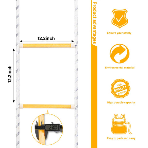 Emergency Fire Escape Rope Ladder 32 Feet Flame Resistant Extension Rope With 2 Hooks showing rung measurements and advantages.