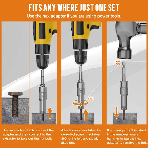 Heavy Duty 16 Piece 3/8 Inch Drive Deep Socket Extractor Set That Makes Stripped Bolts And Frozen Nuts A Walk In The Park Metric Sae Sizes With Hex Adapter Pro Gear showing extraction steps with power tools.