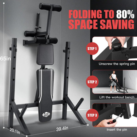 900 Lb Weight Bench Set With Squat Rack For Home Gym folded to 80% space saving