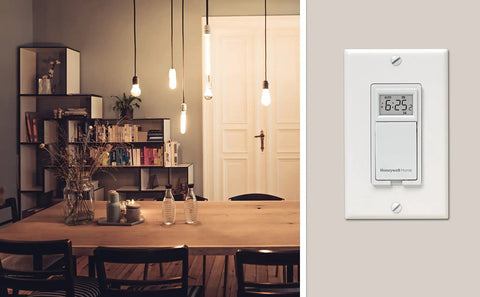 Wall view of a 7 Day Programmable Light Switch With Manual And Automatic Modes, Flush Mount Design, White Finish in a cozy room setup