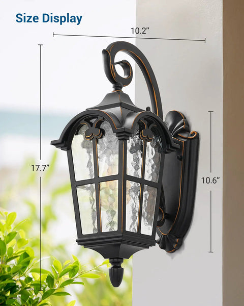 Vintage Black Outdoor Wall Lantern With Water Ripple Glass 17.7 Inch Exterior Sconce Waterproof and Anti Rust Porch Light
