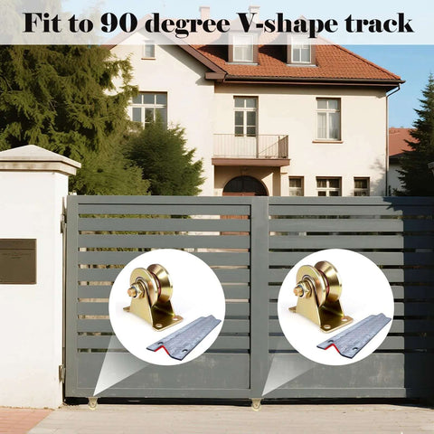 NouraVita 2-inch V-groove gate caster with bracket; gold wheel, heavy-duty for inverted V-track, 2500 lb, pack of 4