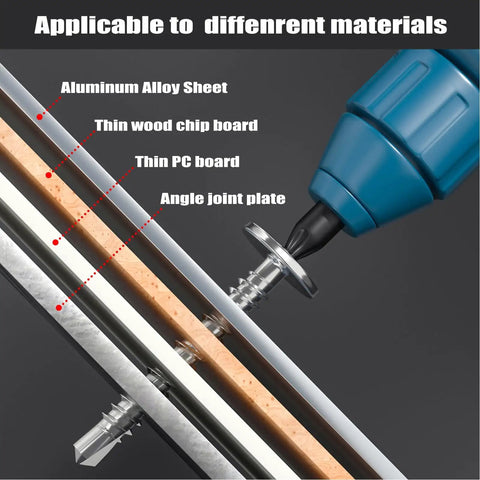 Close-up of a Size 8 Self Tapping Screws Assortment Kit for Metal, 410 Stainless Steel being drilled into layered materials.