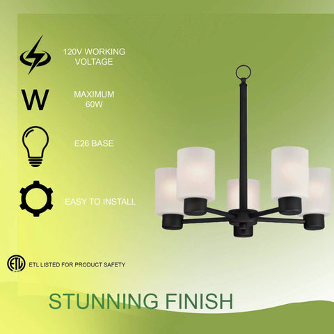 Five Light Oil Rubbed Bronze Dining Room Chandelier Hanging Fixture for Dining Rooms, Living Rooms, or Foyers, with frosted shades.