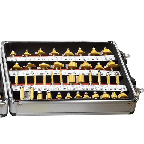 Heavy Duty Tungsten Carbide Router Bit Set Quarter Inch Shank Woodworking Milling Cutter Kit displayed in a case with varied bits.