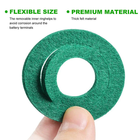 Close-up of a green felt anti-corrosion washer from a battery terminal connectors set with anti corrosion washers positive and negative battery post clamps for car truck and boat zinc alloy construction durable easy to install car accessories.
