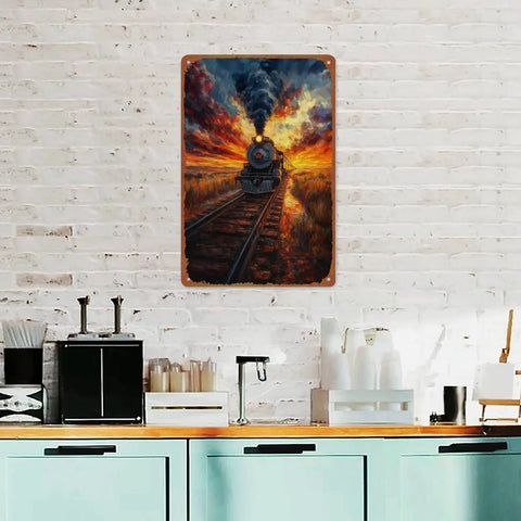 Steam Locomotive Sunset Railway Posters Aluminum Metal Signs 8 By 12 Inch Wall Decor For Living Room Bedroom And Bathroom Dope Vintage Train Art Gift Idea on a kitchen wall